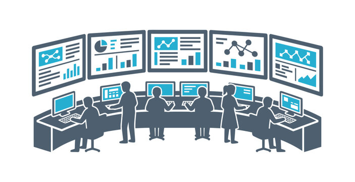 Network Operations Center Vector Illustration with Data Dashboards