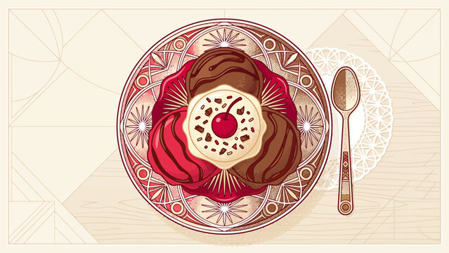 Top view ice cream sundae on ornate decorative plate, elegant summer dessert menu element, halftone style, vector illustration