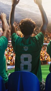 Vertical aspect video: Rear view of supporters starting crowd wave across packed stadium rows during match.