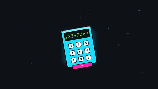 Animated cartoon calculators appear sequentially on dark display screen representing the process of back to school adult upskilling with digital math equations appearing in bright neon green