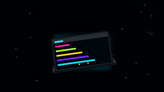 Digital displays showcasing back to school progress and adult upskilling modules on floating tablets in a dark environment with luminous code snippets and colorful lines