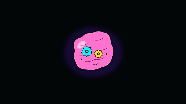 Pink cartoon character with mechanical eyes floating in dark space for adult upskilling modules and back to school digital projects involving creative software learning content