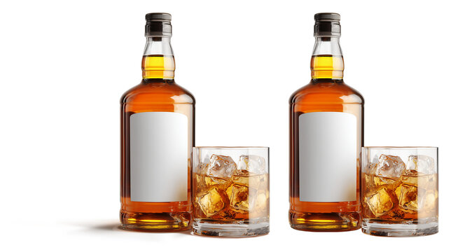 Garrafa de whisky com r&oacute;tulo branco com copo de drink cheio de gelo isolado em fundo transparente