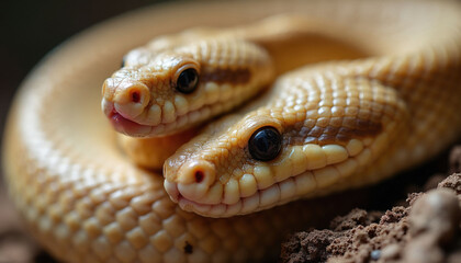 Fototapeta premium Two pale yellow snakes coiled close together, focusing on detailed heads, textured scales. Reptiles rest on dark soil with shallow depth of field. Image illustrates animal biology, unique natural