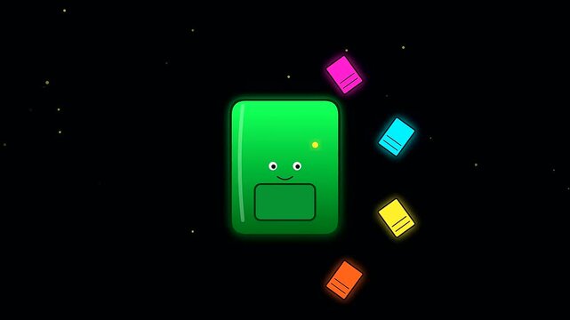 Green notebook character icon animation sequence for back to school and adult upskilling themes featuring floating colorful paper inserts appearing on a solid black backdrop