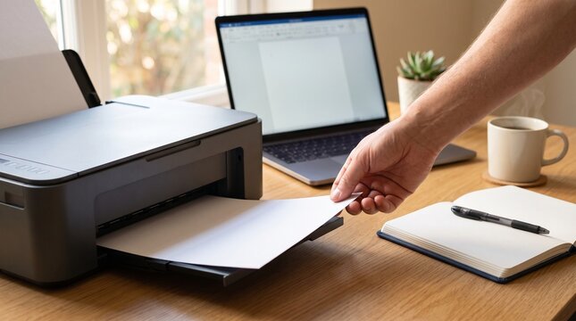 Person collecting printed resume from office printer on a wooden desk
