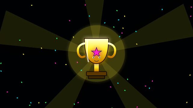 cartoon golden trophy with pink star symbol appears in a bright glowing light effect representing success in back to school or adult upskilling learning milestones