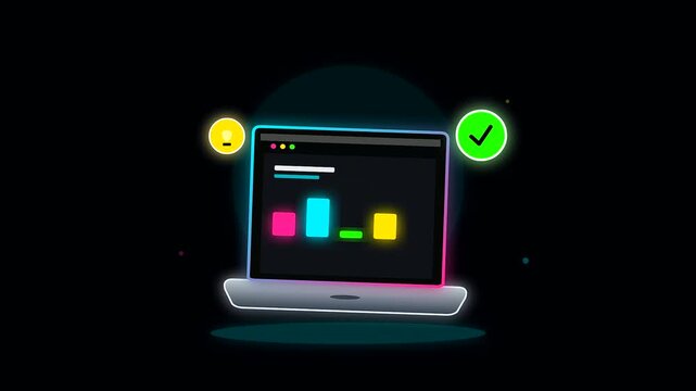 Neon illuminated laptop screens showcasing dynamic analytics during back to school sessions as part of an immersive adult upskilling digital transformation workshop for modern students