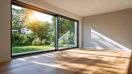 Fototapeta premium Empty modern room with wooden floor and large glass doors looking out to a green garden