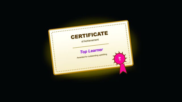 a digital certificate of achievement for back to school success featuring adult upskilling awards displayed in a sequence against a dark glowing black studio environment