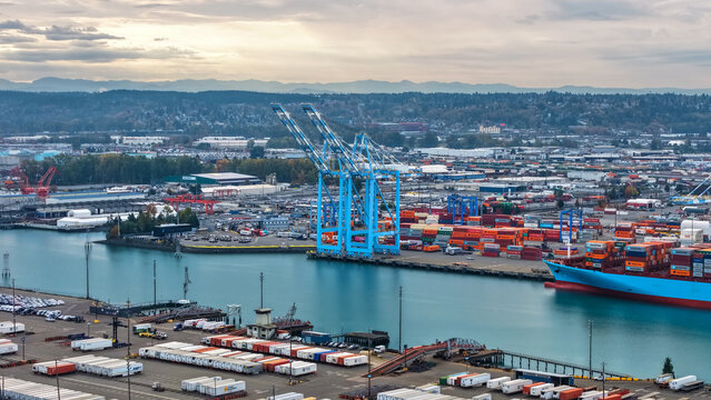 Port of Tacoma operations moving shipping containers on a busy day