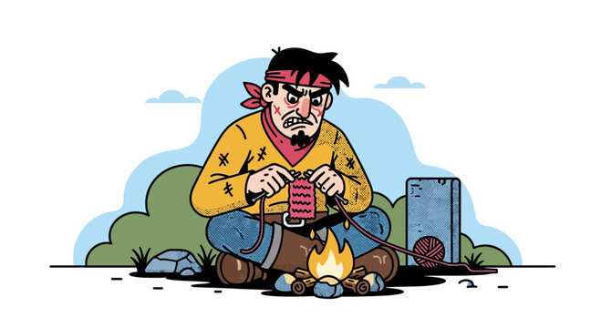Tough Muscular Man Knitting by a Campfire Vector Illustration