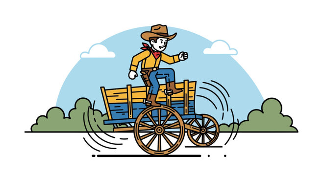 Cowboy Balancing on Moving Wagon Wheel Cartoon Illustration
