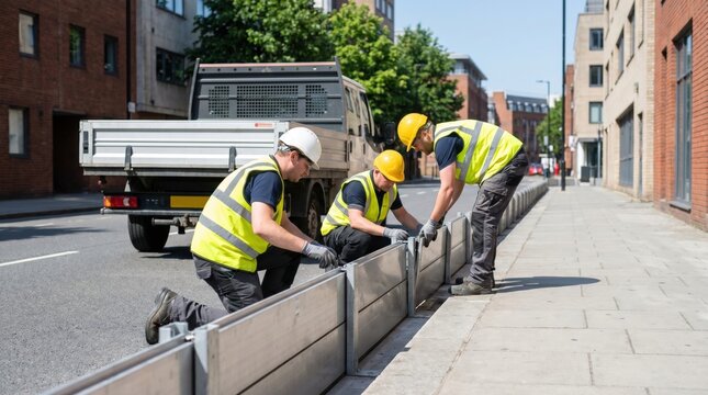 Construction workers installing a temporary metal flood barrier wall along a city street pavement