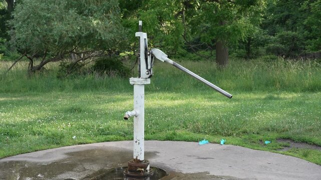 Vintage-style manual hand water pump in a grassy park. Represents rural nostalgia, historical utility, and simple outdoor living. Ideal for gardening and historical themes. Gardening, off-grid living.