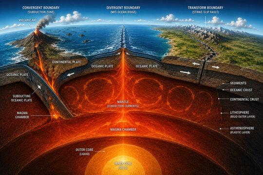 Plate Tectonics Diagram Showing Convergent Divergent and Transform Boundaries
