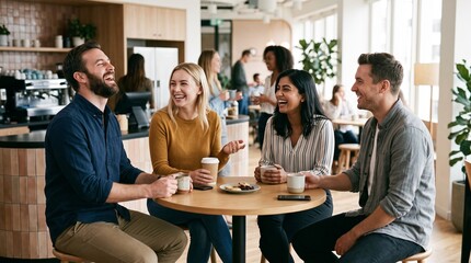 Obraz premium Diverse group of friends laughing and enjoying coffee break together at a modern cafe