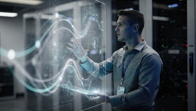 Medium shot capturing a network engineer interacting with a touchscreen showing endtoend OTT ingestion processes with the server racks blurred behind.