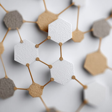 Abstract plexus network with white and beige hexagon shapes, 화이트와 베이지 육각형 모양의 추상적인 플렉서스 네트워크