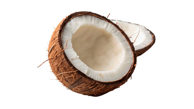 Fresh halved raw coconut fruit single piece isolated on a transparent background