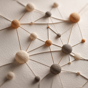 Abstract 3D sphere network connection on beige textured background, 베이지 텍스처 배경 위의 추상적인 3D 구체 네트워크 연결