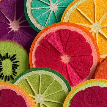 Vibrant papercraft sliced grapefruit and lime background, 활기찬 느낌의 페이퍼크래프트 슬라이스 자몽과 라임 배경