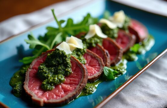 Beef tagliata with rocket parmesan sauce on blue plate. Thinly sliced steak topped with green pesto and cheese. A gourmet dish ready to eat.