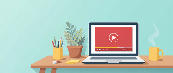 Fototapeta premium Online video education on a laptop computer, featuring a clean flat vector design with a plant, pencils, and coffee cup on a wooden desk for modern e-learning and webinar concepts