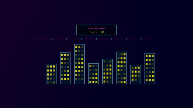 Smart grid management systems display real time energy consumption metrics across urban building silhouettes with neon glowing windows depicted in a minimalist digital interface design style