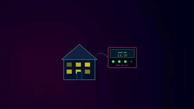 Monitoring smart grid management through changing energy consumption levels on a house display as illuminated windows reflect the increasing electrical usage of a modern residential dwelling