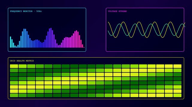 Digital smart grid management displays featuring glowing oscillating frequency waves and multicolored pixelated matrices captured in a dark interface for modern power utility monitoring operations
