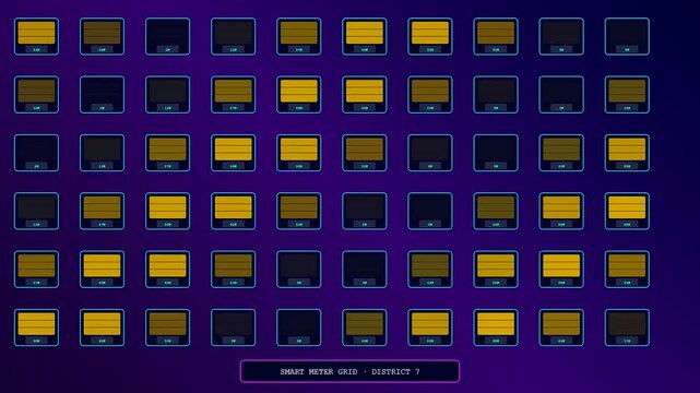 Displaying smart grid management patterns on a digital screen this abstract interface shows rows of glowing yellow squares representing energy distribution within an urban district