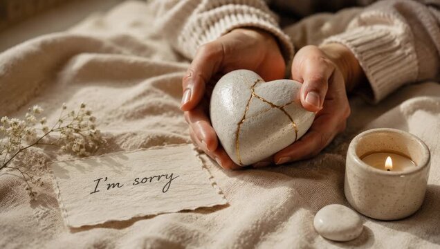 Hands cradling a kintsugi-repaired ceramic heart beside a handwritten "I'm sorry" note, lit candle and dried flowers on a soft beige blanket conveying apology and healing