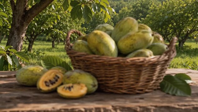 Wicker basket of greenish-yellow june plums (ambarella) with sliced fruit showing orange flesh and black seeds on a wooden table in an orchard