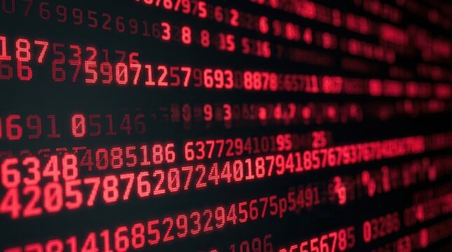 Abstract red digital numbers glowing on a dark background for data processing and cybersecurity.