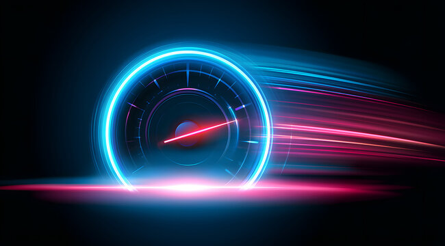 futuristic neon tachometer with maximum performance and rapid acceleration power, abstract and modern technology background