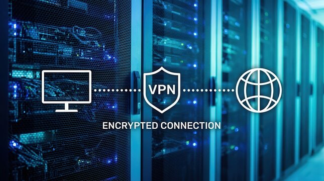 Virtual private network VPN concept with data encryption and IP substitute illustration.