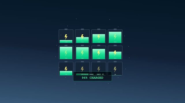 Digital smart grid management system displaying battery storage levels fluctuating rapidly in a dark virtual interface used for monitoring power consumption across diverse network energy units