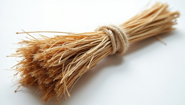 Bundle of dry straw tied with twine. Natural material for crafts, decoration, and agriculture. Beige fiber with rustic texture on white background.