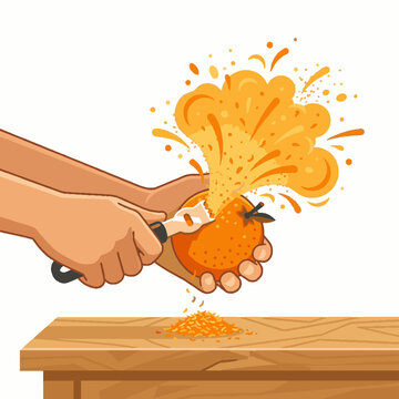 Hands peeling fresh orange with zester tool creating citrus juice splash illustration.