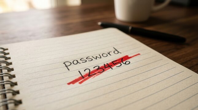 Handwritten 123456 password struck out in a notebook for weak password security concept.