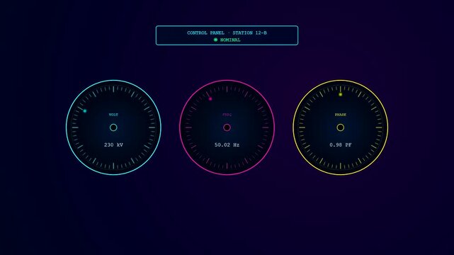 A digital smart grid management interface showing circular gauges measuring electrical current frequency and phase shifts displayed across three shifting monitors in a dark control station room