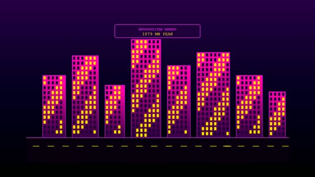 A digital smart grid management interface displays fluctuating electricity load levels within a stylized urban skyline featuring vibrant glowing windows set against a deep gradient violet void