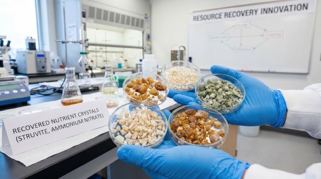 Laboratory worker holding multiple petri dishes containing recovered nutrient crystals like struvite