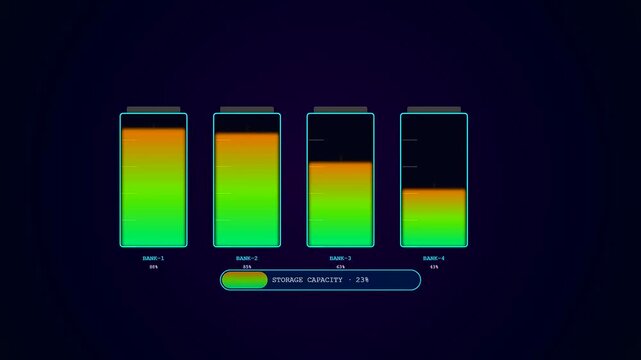 Smart grid management systems display fluctuating digital levels across four battery banks with neon graphical bars shifting as energy consumption changes during real time operations