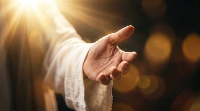 Resurrected Jesus Christ reaching out his hand against a dark background.