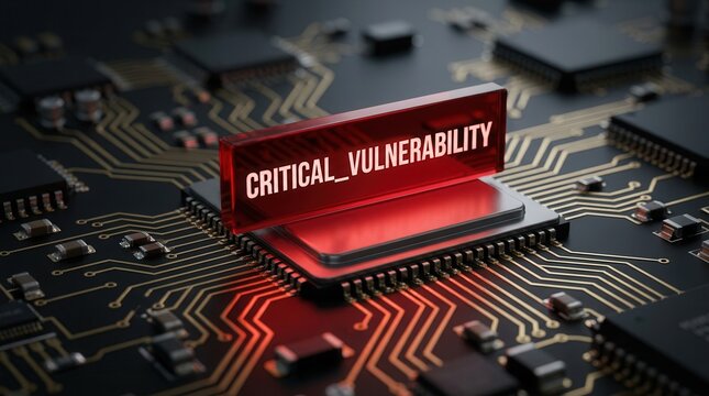 Critical vulnerability alert on a circuit board representing a cybersecurity threat and system risk.