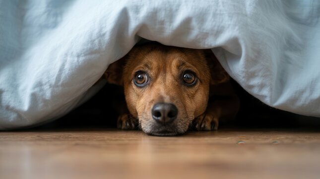 A scared dog is hiding under the bed at home.