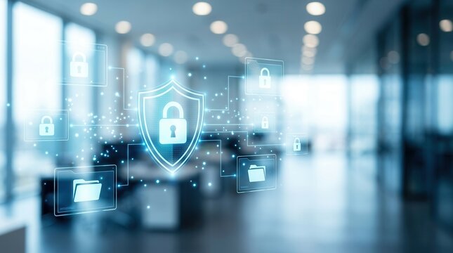 Digital data security network featuring glowing shield and padlock icons in a modern office.