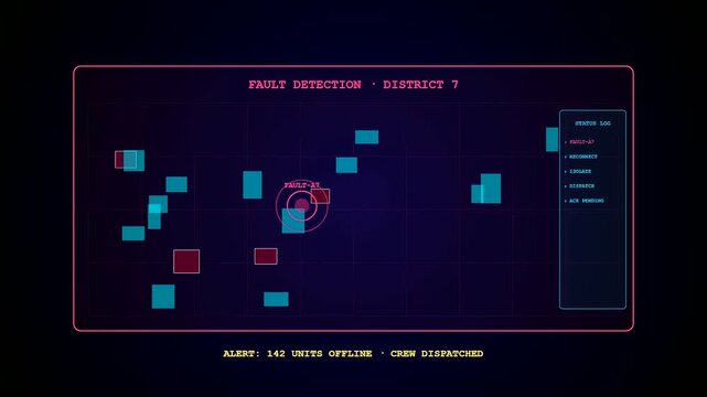 Smart grid management monitors power network outages on a digital interface featuring active red alert indicators and shifting grid coordinates within a dark blue computer screen